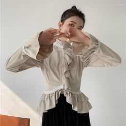 Women's Blouses Spring And Autumn Lantern Sleeve Office Lady Single-Breasted Irregular Ruffles Half High Collar Lace Print Patchwork Shirt
