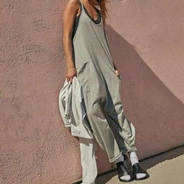 Women's Jumpsuits Rompers Casual Loose Jumpsuit Women Spaghetti Long Camis Summer Solid Cotton Linen Strap Wide Leg Pants Bib Overalls Sleeveless Jumpsuit 230404