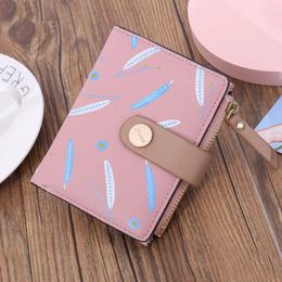 Wallets Short Leaf Print Women's Wallet Soft PU Leather Holder Buckle Two-fold Ladies Zipper Coin Purse Cute Money