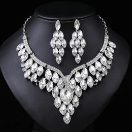 Luxury Gold Color Crystal Water Drop Bridal Jewelry Set Rhinestone Silver-plated Wedding Dress Banquet Necklace Stud Earring Set