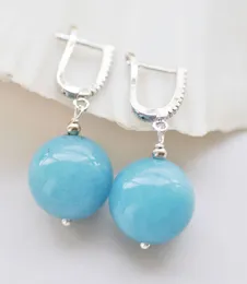 Dangle Earrings S2451 16mm Aquamarine Jade Round Bead Earring CZ