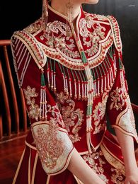 Ethnic Clothing Exquisite Chinese Style Velour Wedding Dress Elegant Mandarin Collar Marriage Sequins Beading Tassels Cheongsam