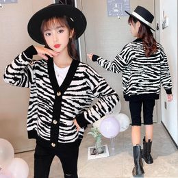 Pullover Baby Girls Cardigan Zebra Stripes Pattern Knitting Sweater Top Autumn Children's Clothing Teenage Knitwear Long Sleeve Outerwear