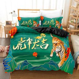 Bedding Sets Good Luck In The Year Of Tiger Duvet Cover Set Chinese Style Red Green Microfiber Fashion Modern Quilt Pillowcases