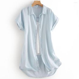 Women's Blouses Casual Denim Shirts For Women Tops Fashion Streetwear Short Sleeve Button Up Shirt Long Lapel Chemise Femme