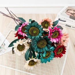 Decorative Flowers 4Heads/Branch Sunflowers With Green Leaves Home Restaurant Wedding Party Decoration Silk Artificial Daisy Flores Bouquet
