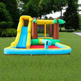 Inflatable Moonwalk Jungle Bounce House Jumper Bouncy Jump Bouncer Castle Water Slide with Pool Small Outdoor Park Hawaiian Coconut Tree Theme for Kids Party Play