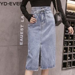 Skirts Casual Women Denim Long Skirt With Slit Tie Pocket Mid-Calf Length High Waist Pencil Jeans