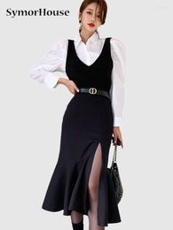 Work Dresses Spring 2 Pieces Set Women 2023 Long Sleeve White Shirts And High Waist Mermaid Tank Office Lady Skirt Suit Autumn