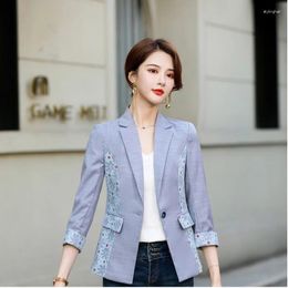 Women's Suits 2023 Jacket Women Half Sleeve Slim Elegant Blue Print Coat OL Styles Summer Blazers For Ladies Office Blazer Outwear Tops