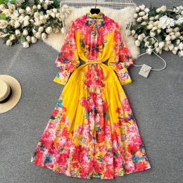 Basic Casual Women Dresses Runway Flower Elegant Chiffon Maxi Dress Women Stand Collar Lantern Sleeve Floral Print Sashes Holiday Boho Long Robes Vestidos 2024