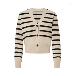 Women's Knits Black And White Stripe Cardigans 2023 For Women V-Neck Long Sleeve Cropped Sweaters Slim Fashion Vintage Knitted Cardigan