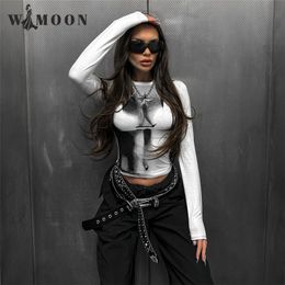 Womens TShirt Sexy Gothic 3D Body Print Crop Tee Shirts Women Spring Autumn Y2K Fashion Long Sleeve Oneck Skinny Top Tshirt Streetwear 230404