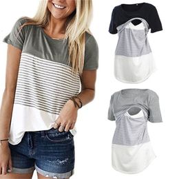 Maternity Tops Tees Women Maternity Breastfeeding Tee Nursing Tops Striped Short Sleeve T-shirt Plus Size S-2XL Maternity Clothing Tees 230404