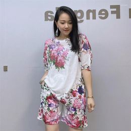 Women's Pants Floral Printed Summer Set For Female Knitted Wear Plus Size Loose Casual Short Kit Clothing Gym Suit Conjunto Curto Feminino