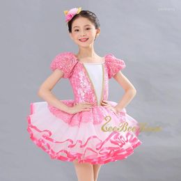 Stage Wear Girl Pink Tutu Ballet Dress Short/long Sleeve Sequins Dance For Children Princess Professional Costume Women