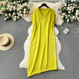 Casual Dresses Knitted Women Autumn Winter Asymmetric Hem Straight Loose Midi Sleeveless V Neck Sweater Dress