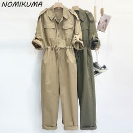 Women's Jumpsuits Rompers Nomikuma Autumn Safari Style Women Jumpsuits Darwstring Slim Waist Long Sleeve Turn-down Collar Cargo Pants Bodysuits 230404