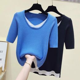 Women's Sweaters Patchwork Knit Tshirt Sweater Women 2023 Summer Pullover Short Sleeve V-neck Basic Tops Tees Vintage Fashion Streetwear
