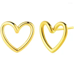 Stud Earrings Pure 24K Yellow Gold Women 999 Heart
