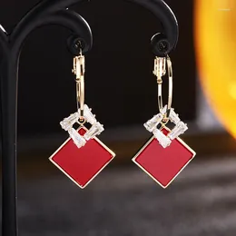 Dangle Earrings HUAMI S925 Silver Drop For Women Korean Fashion Jewellery Black Red Square Real Gold Zircon Gift Girlfriend Box