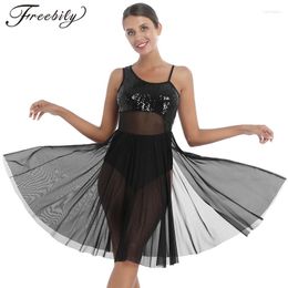 Stage Wear Women Sleeveless Shiny Sequin Mesh Splice Skirted Leotard Dance Dress Ballet Gymnastics Lyrical Costume