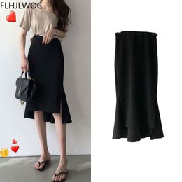 Skirts s Design Chic Korea Fashion Women Office Lady Solid Black Iregular High Waist Tunic Long Split Slit Pencil Skirts 230404