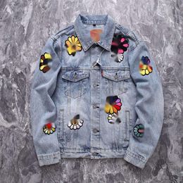 Men's Jackets American High Street Smiling Face Sunflower Wash Water Jacket Embroidered Couple DENIM Coat Trend