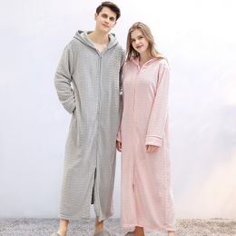 Fall/Winter zipper bathrobe hooded nightgown Couple thick Pyjamas flannel ladies long nightdress