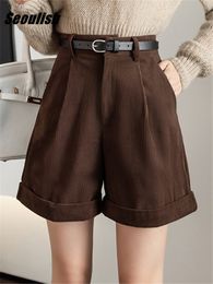 Womens Shorts Seoulish Corduroy Cargo with Belted Autumn Winter High Waist Wide Leg Vintage Female Trousers 230404