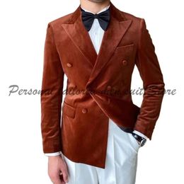 Men's Suits & Blazers Orange Velvet Jacket White Pant Double Breasted Men Groom Wedding Prom Blazer Terno Masculino Slim Fit 2 Pieces