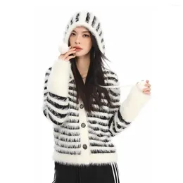 Women's Knits Sweet Girl Preppy Striped Mink Hair Sweater Coat Autumn Hooded Loose Soft Knitted Cardigan Fashion Female Clothes