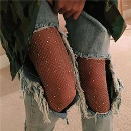 Women Socks Sexy Hollow Fishnet Pantyhose Crystal Rhinestone Anti-Snagging Tights Stockings Solid Club Party Female Mesh Calcetines