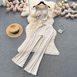 Women's Two Piece Pants Preppy Style Knitted Suit Waistless Sleeveless Chest Pad Top Wide-leg Micro Flared Trousers Summer Fashion