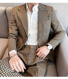 Men's Suits Blazers Khaki Jacquard Jacket Trousers Houndstooth Men's Suit Fashion Set 2PCs Pant Coat Custom Colour Jacket Set Luxury Brand Custom 230406