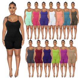 2023 Summer Womens Jumpsuits Designer Slim Sexy Suspender Short Rompers Fashion Solid Color U Neck Open Back Bodysuit