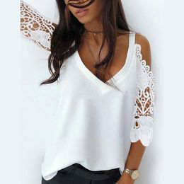 Casual Dresses V-neck Lace Chiffon Women's Shirt Stitching Solid Colour Blouse Breathable