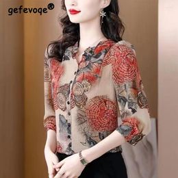 Women's Blouses Clothing Vintage Printed Elegant Button Up Shirt Spring Summer Korean Fashion 3/4 Sleeve Blouse Loose Ladies Tops Blusas