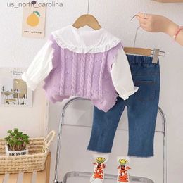 Clothing Sets Autumn Suit For Sweater Vest+White Embroidery T-shirt For Girls+Jeans Pcs Set Lovely Baby Girl Clothes Children's Clothing R231106