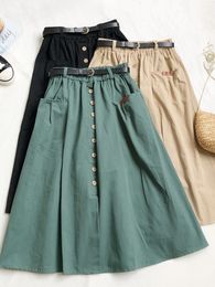 Skirts TIGENA Casual Cotton Midi Long Leather Women's Autumn South Korean Button Pocket with A-line High Waist Medium Long Leather Women's Green 230406