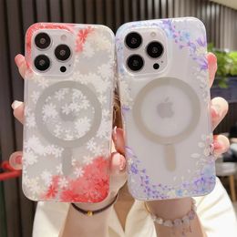 For iPhone 15 14plus Magnet Wireless Charging Phone Case For 15 14 13 12 11 Pro Max Retro Flower Matte Translucent Soft Cover Bumper