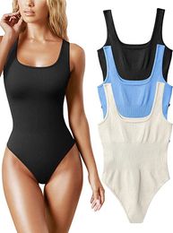 Women's 3 Piece Bodysuits Sexy Ribbed Sleeveless Square Neck Sleeveless Tank Tops Bodysuits 2303061