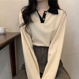 Women's Polos Spring Autumn Loose Thin Knitwear Lapel Formal Long Sleeve Cotton Polo Shirt Colour Contrast Button Commuter Korean Tops Women