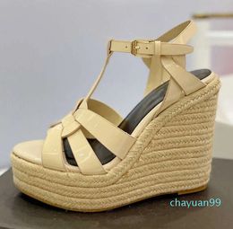 Fashion Designer Wedge Espadrille Cassandra Leather Heels Women Black Sandals 10.5CM Heel Adjustable Buckle Wedding Dress Shoes