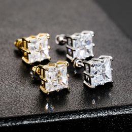 Stud Earrings Pair 2PC Hip Hop Claw Set Cube CZ Stone Bling Out 9mm Square For Men Rapper Jewellery Gold Silver ColorStudStud