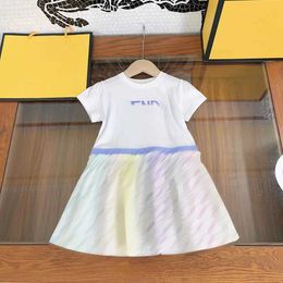 23ss girls dress kids designer clothes brand Round neck Pure cotton Embroidery logo Ribbon splicing Gradient iridescent Colour Short sleeve dresses kids clothes