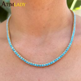 Chokers High Quality Gold Colour Plated 3MM Turquoise Stone Paved Tennis Chain Necklace For Women Girls Fashion Jewellery Choker 230404