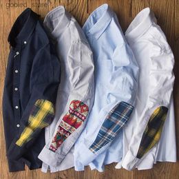 Men's Casual Shirts Branded Men'S Shirts New Cotton Oxford Patch Long Sleeve Shirt for Men Japanese Retro Ethnic Style Casual Youth Men'S Clothes Q231106