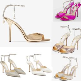 Woman Luxury Designer sandal high heels Ivory saeda 100 satin patent leather pointed-toe open toe Crystal Chain Stiletto Heel Party Wedding Lady Gladiator Sandalias