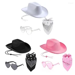 Berets Women Cowboy Hat Western Wide Brim Handkerchief Heart Sunglasses Set Cosplay Party Costume Fedora-Hat Headdress H9ED